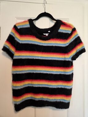No Boundaries Black Fuzzy Short Sleeve Tee with Rainbow Stripes